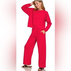 Zenana Fleece Raglan Sleeve Pullover and Sweatpants Set Red